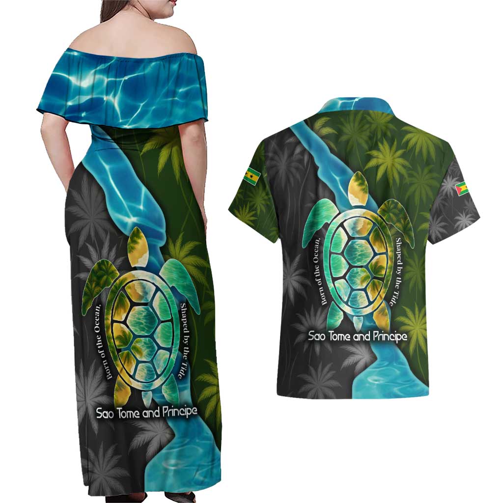 Sea Turtle Sao Tome and Principe Couples Matching Off Shoulder Maxi Dress and Hawaiian Shirt with Ocean Tide and Tropical Palm Design
