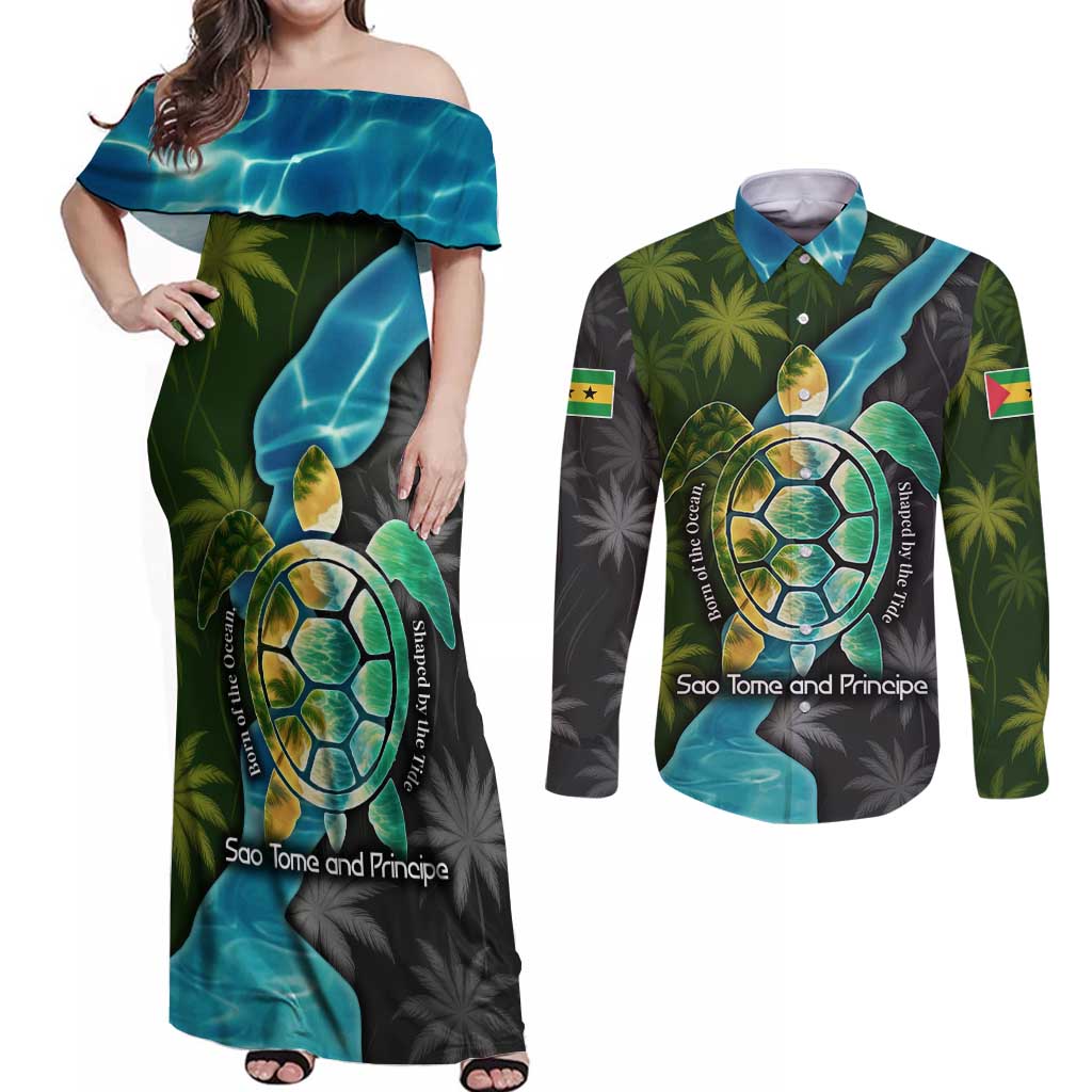 Sea Turtle Sao Tome and Principe Couples Matching Off Shoulder Maxi Dress and Long Sleeve Button Shirt with Ocean Tide and Tropical Palm Design