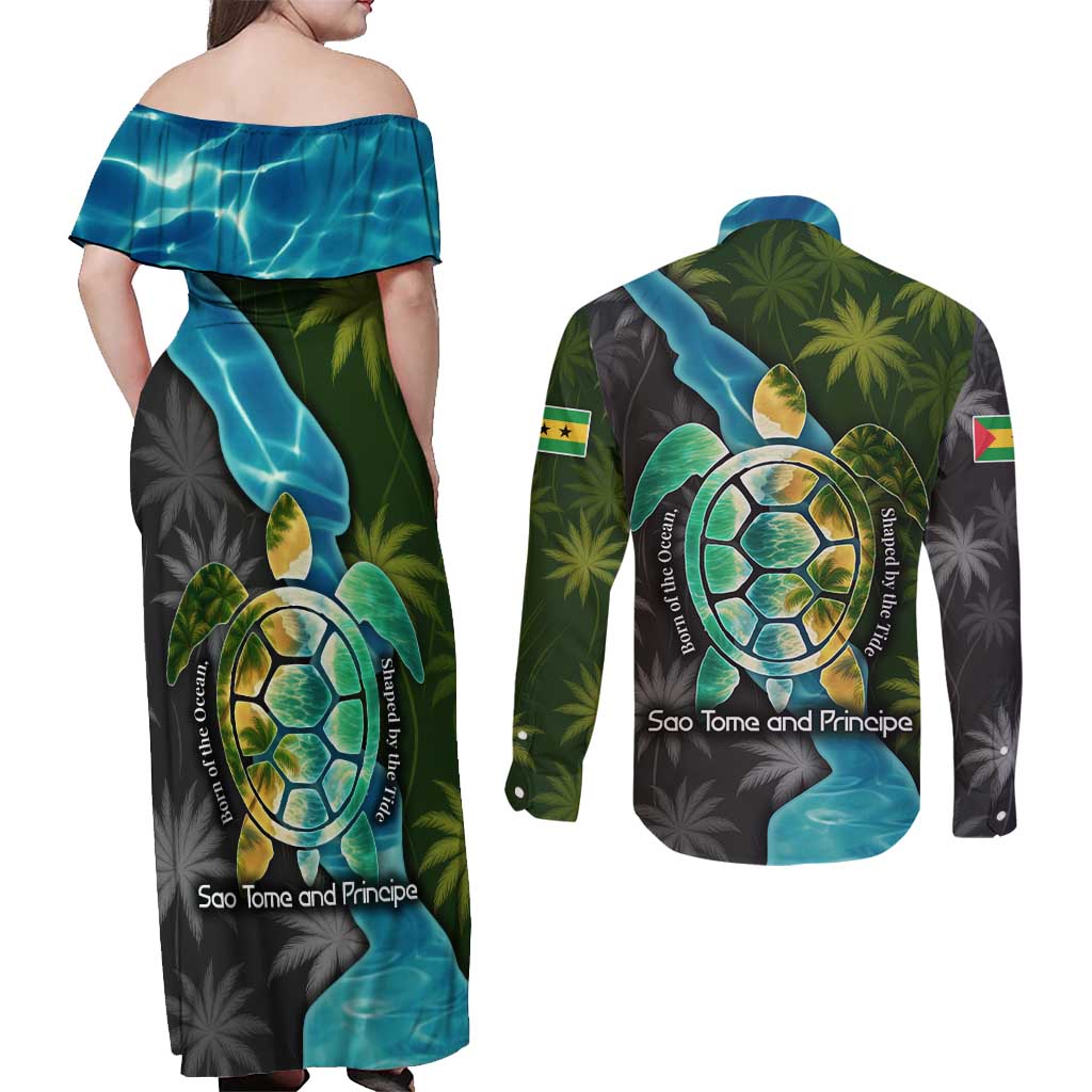 Sea Turtle Sao Tome and Principe Couples Matching Off Shoulder Maxi Dress and Long Sleeve Button Shirt with Ocean Tide and Tropical Palm Design