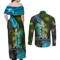 Sea Turtle Sao Tome and Principe Couples Matching Off Shoulder Maxi Dress and Long Sleeve Button Shirt with Ocean Tide and Tropical Palm Design