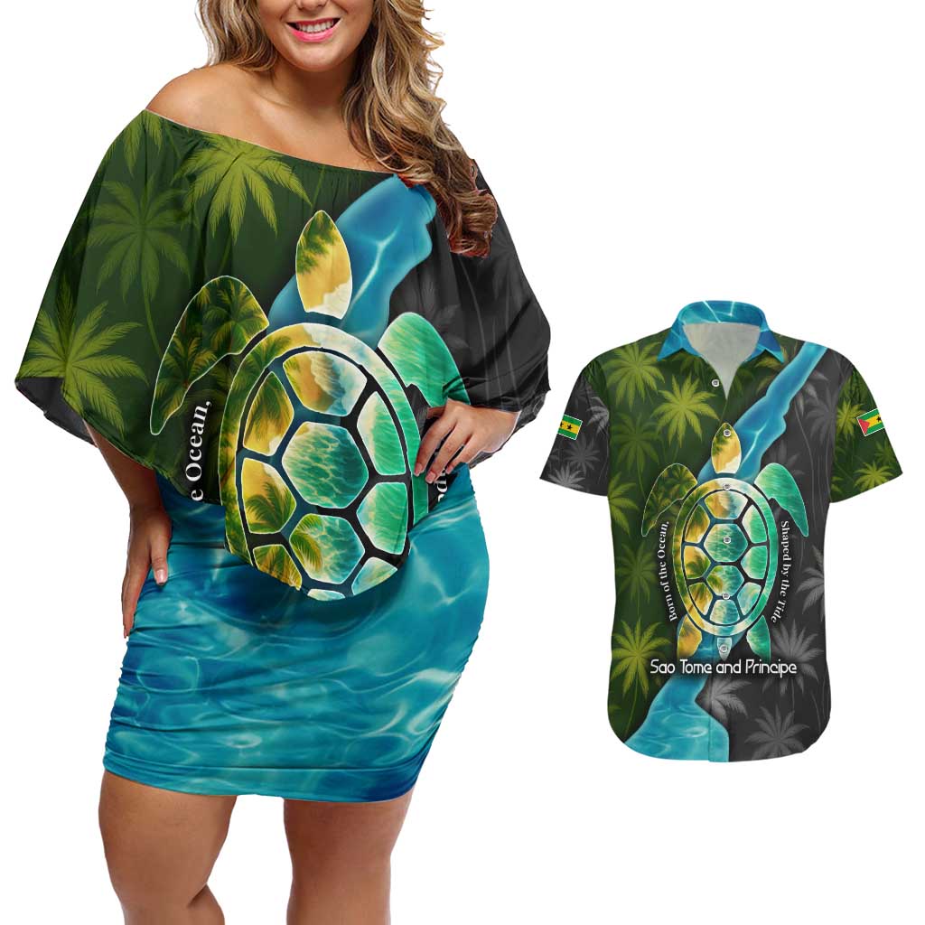 Sea Turtle Sao Tome and Principe Couples Matching Off Shoulder Short Dress and Hawaiian Shirt with Ocean Tide and Tropical Palm Design