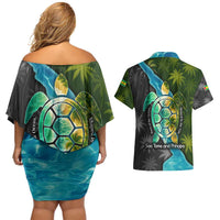 Sea Turtle Sao Tome and Principe Couples Matching Off Shoulder Short Dress and Hawaiian Shirt with Ocean Tide and Tropical Palm Design