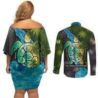 Sea Turtle Sao Tome and Principe Couples Matching Off Shoulder Short Dress and Long Sleeve Button Shirt with Ocean Tide and Tropical Palm Design