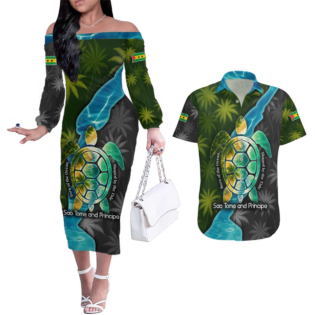 Sea Turtle Sao Tome and Principe Couples Matching Off The Shoulder Long Sleeve Dress and Hawaiian Shirt with Ocean Tide and Tropical Palm Design