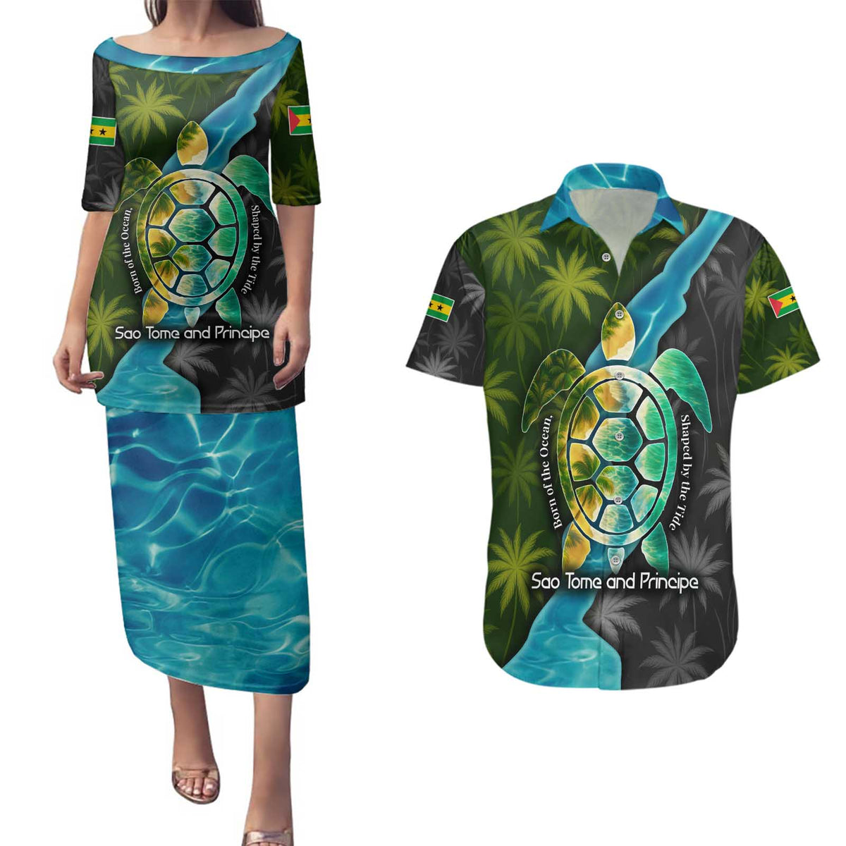 Sea Turtle Sao Tome and Principe Couples Matching Puletasi and Hawaiian Shirt with Ocean Tide and Tropical Palm Design