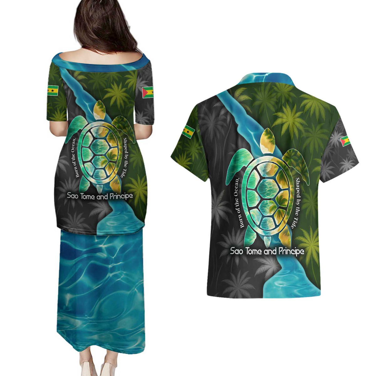 Sea Turtle Sao Tome and Principe Couples Matching Puletasi and Hawaiian Shirt with Ocean Tide and Tropical Palm Design