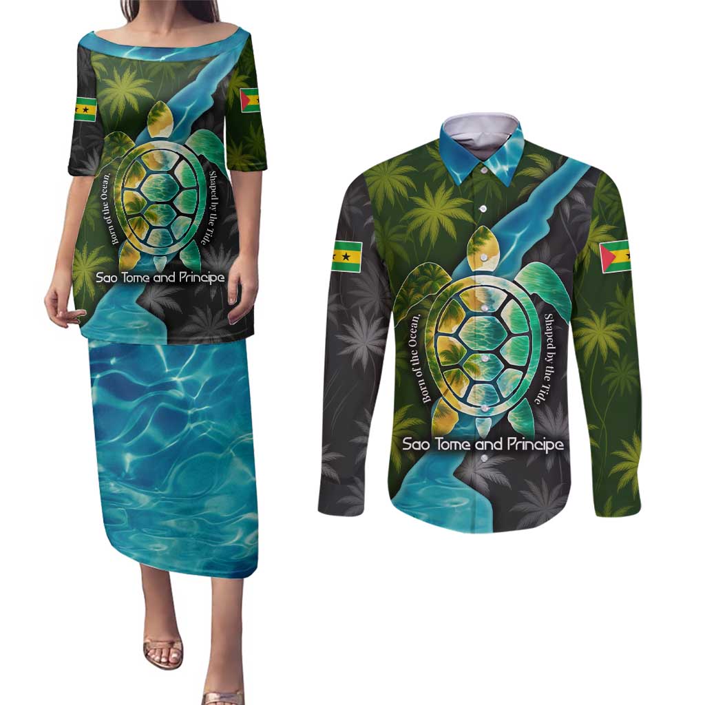 Sea Turtle Sao Tome and Principe Couples Matching Puletasi and Long Sleeve Button Shirt with Ocean Tide and Tropical Palm Design