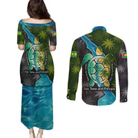 Sea Turtle Sao Tome and Principe Couples Matching Puletasi and Long Sleeve Button Shirt with Ocean Tide and Tropical Palm Design