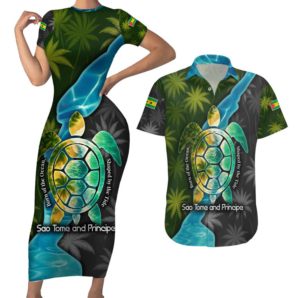 Sea Turtle Sao Tome and Principe Couples Matching Short Sleeve Bodycon Dress and Hawaiian Shirt with Ocean Tide and Tropical Palm Design