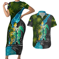 Sea Turtle Sao Tome and Principe Couples Matching Short Sleeve Bodycon Dress and Hawaiian Shirt with Ocean Tide and Tropical Palm Design