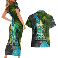 Sea Turtle Sao Tome and Principe Couples Matching Short Sleeve Bodycon Dress and Hawaiian Shirt with Ocean Tide and Tropical Palm Design