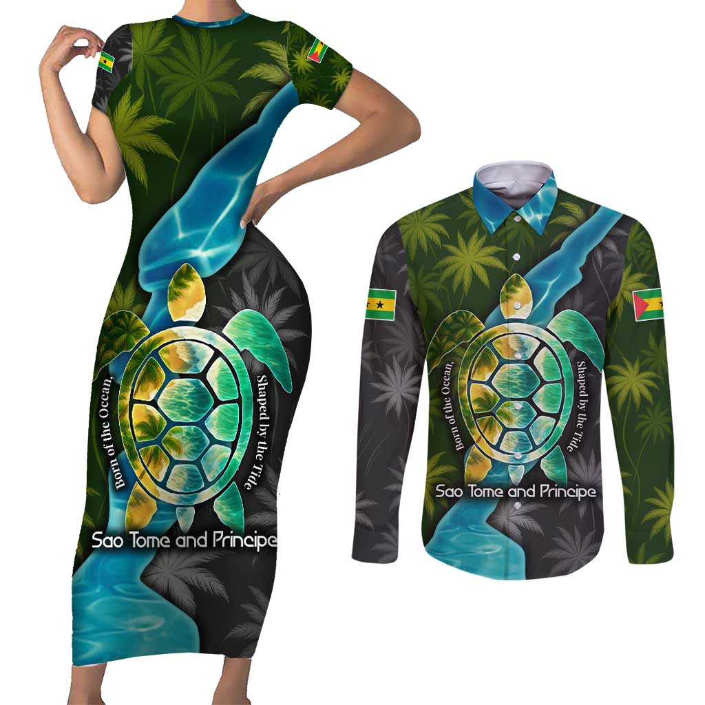 Sea Turtle Sao Tome and Principe Couples Matching Short Sleeve Bodycon Dress and Long Sleeve Button Shirt with Ocean Tide and Tropical Palm Design