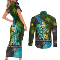 Sea Turtle Sao Tome and Principe Couples Matching Short Sleeve Bodycon Dress and Long Sleeve Button Shirt with Ocean Tide and Tropical Palm Design
