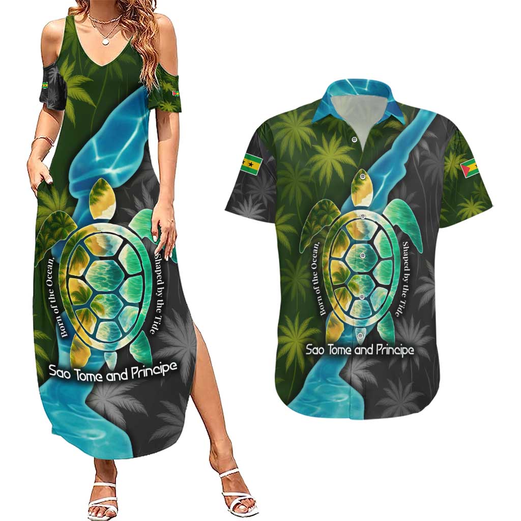 Sea Turtle Sao Tome and Principe Couples Matching Summer Maxi Dress and Hawaiian Shirt with Ocean Tide and Tropical Palm Design