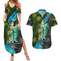 Sea Turtle Sao Tome and Principe Couples Matching Summer Maxi Dress and Hawaiian Shirt with Ocean Tide and Tropical Palm Design