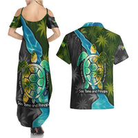 Sea Turtle Sao Tome and Principe Couples Matching Summer Maxi Dress and Hawaiian Shirt with Ocean Tide and Tropical Palm Design