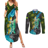 Sea Turtle Sao Tome and Principe Couples Matching Summer Maxi Dress and Long Sleeve Button Shirt with Ocean Tide and Tropical Palm Design