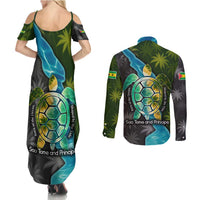 Sea Turtle Sao Tome and Principe Couples Matching Summer Maxi Dress and Long Sleeve Button Shirt with Ocean Tide and Tropical Palm Design