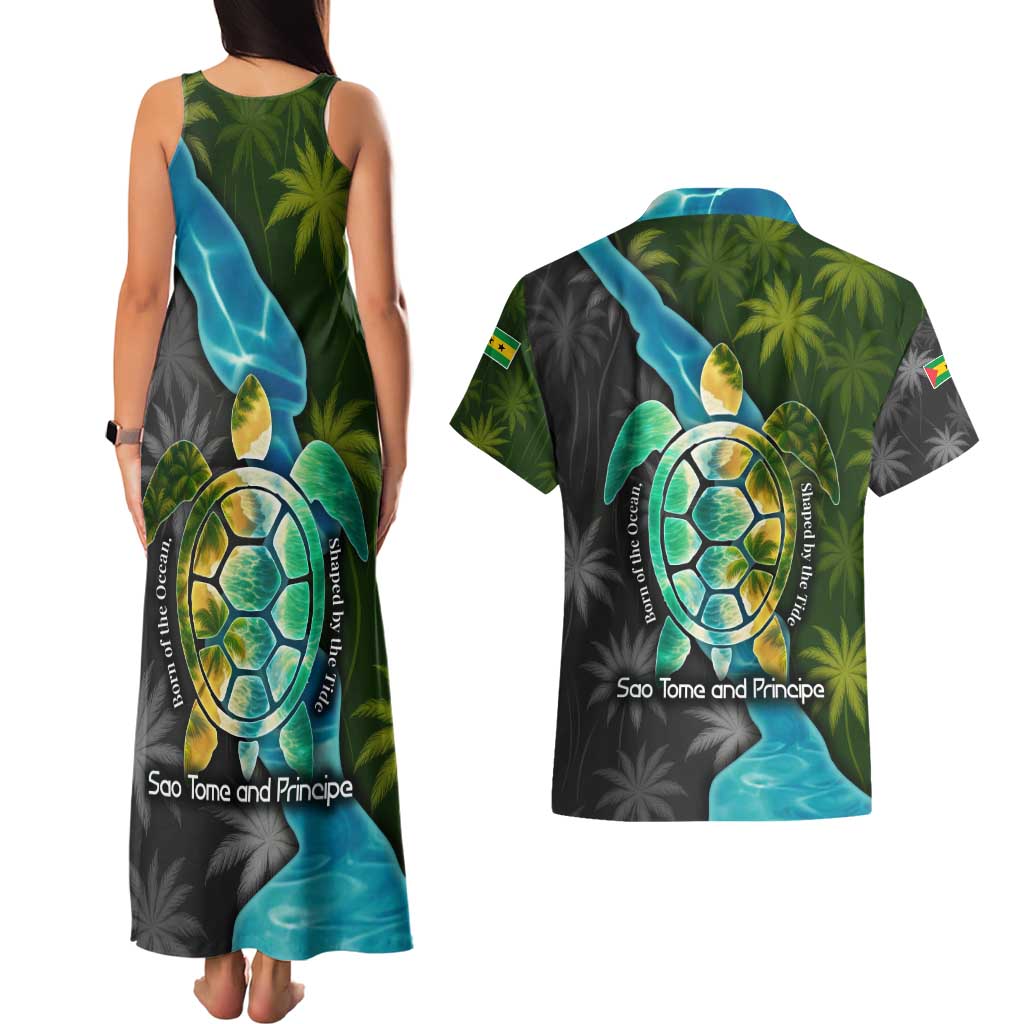 Sea Turtle Sao Tome and Principe Couples Matching Tank Maxi Dress and Hawaiian Shirt with Ocean Tide and Tropical Palm Design
