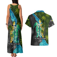 Sea Turtle Sao Tome and Principe Couples Matching Tank Maxi Dress and Hawaiian Shirt with Ocean Tide and Tropical Palm Design
