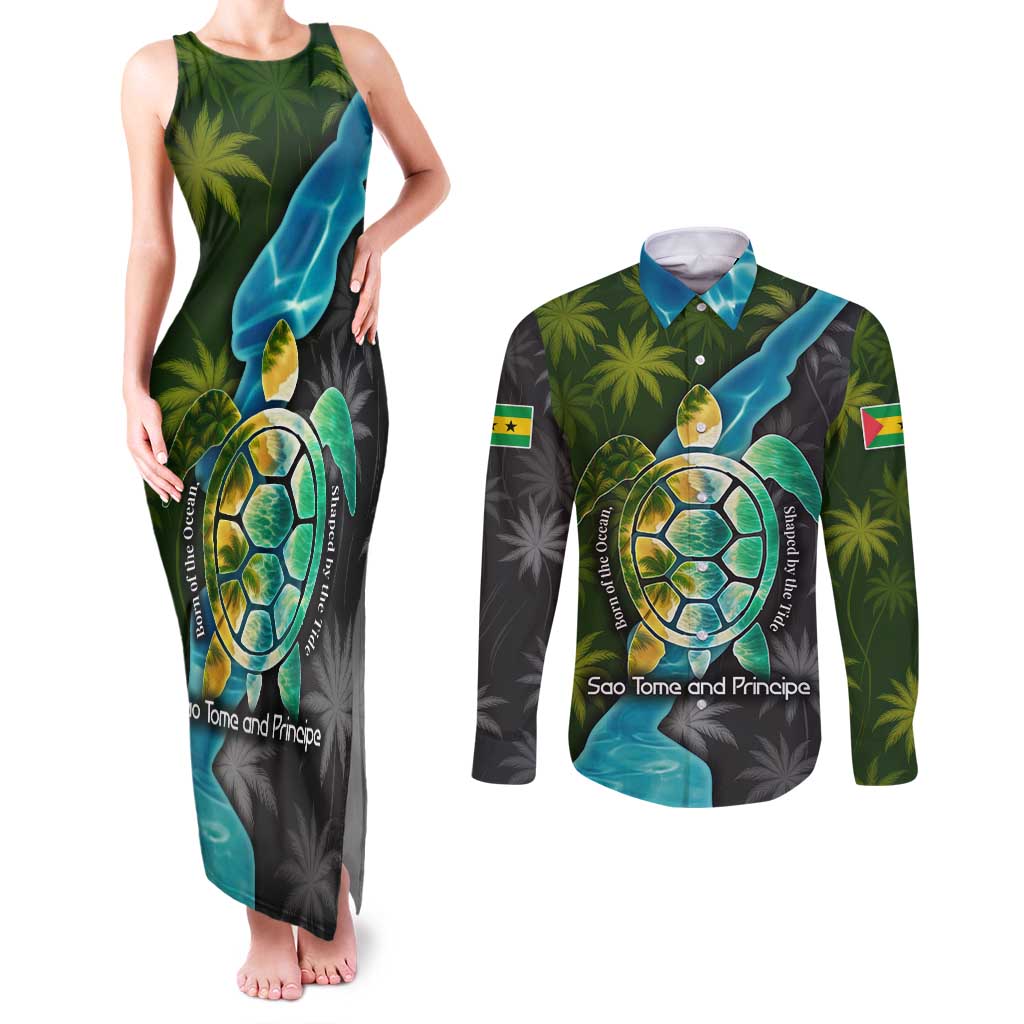 Sea Turtle Sao Tome and Principe Couples Matching Tank Maxi Dress and Long Sleeve Button Shirt with Ocean Tide and Tropical Palm Design