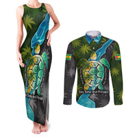 Sea Turtle Sao Tome and Principe Couples Matching Tank Maxi Dress and Long Sleeve Button Shirt with Ocean Tide and Tropical Palm Design