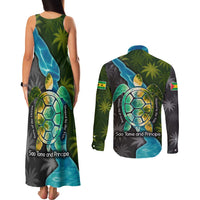Sea Turtle Sao Tome and Principe Couples Matching Tank Maxi Dress and Long Sleeve Button Shirt with Ocean Tide and Tropical Palm Design