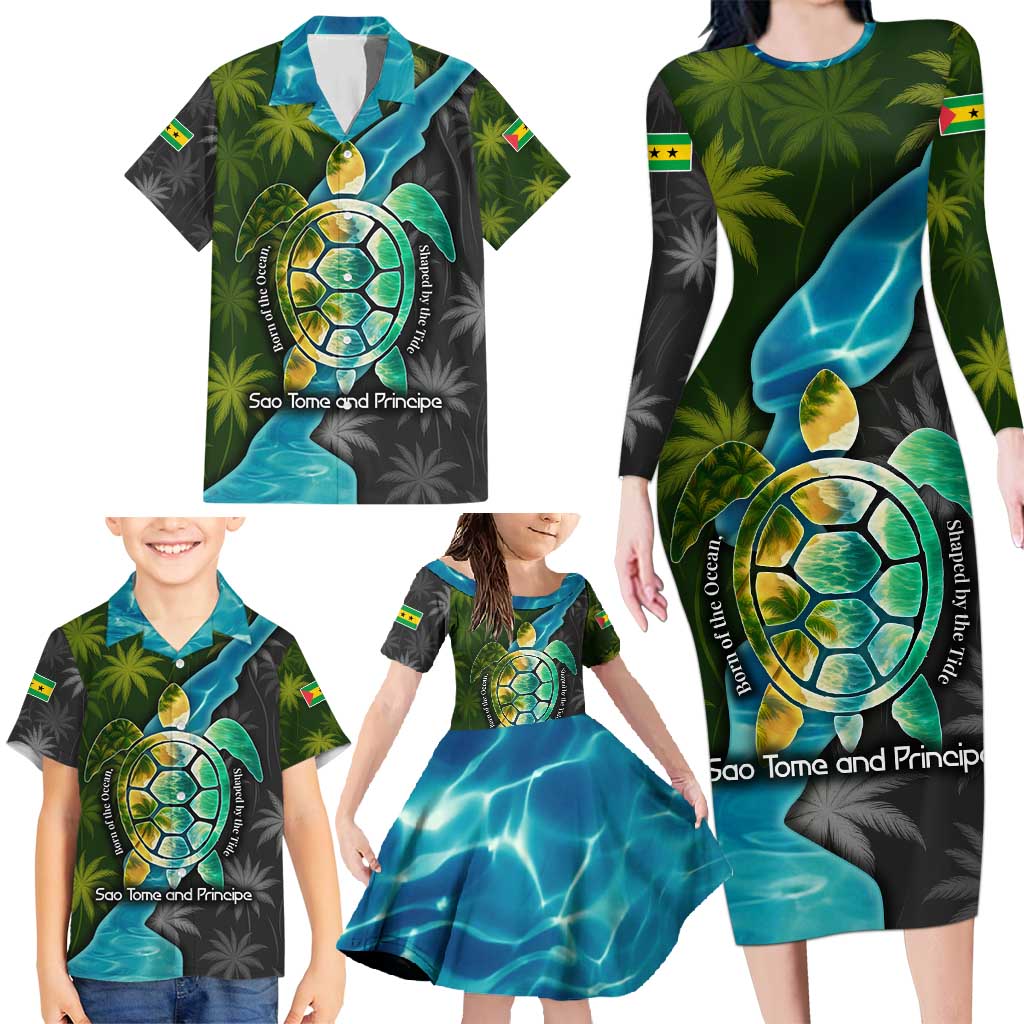Sea Turtle Sao Tome and Principe Family Matching Long Sleeve Bodycon Dress and Hawaiian Shirt with Ocean Tide and Tropical Palm Design