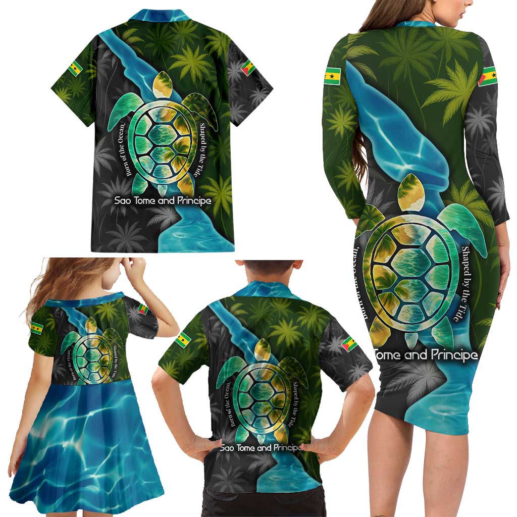 Sea Turtle Sao Tome and Principe Family Matching Long Sleeve Bodycon Dress and Hawaiian Shirt with Ocean Tide and Tropical Palm Design