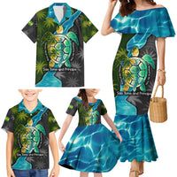 Sea Turtle Sao Tome and Principe Family Matching Mermaid Dress and Hawaiian Shirt with Ocean Tide and Tropical Palm Design