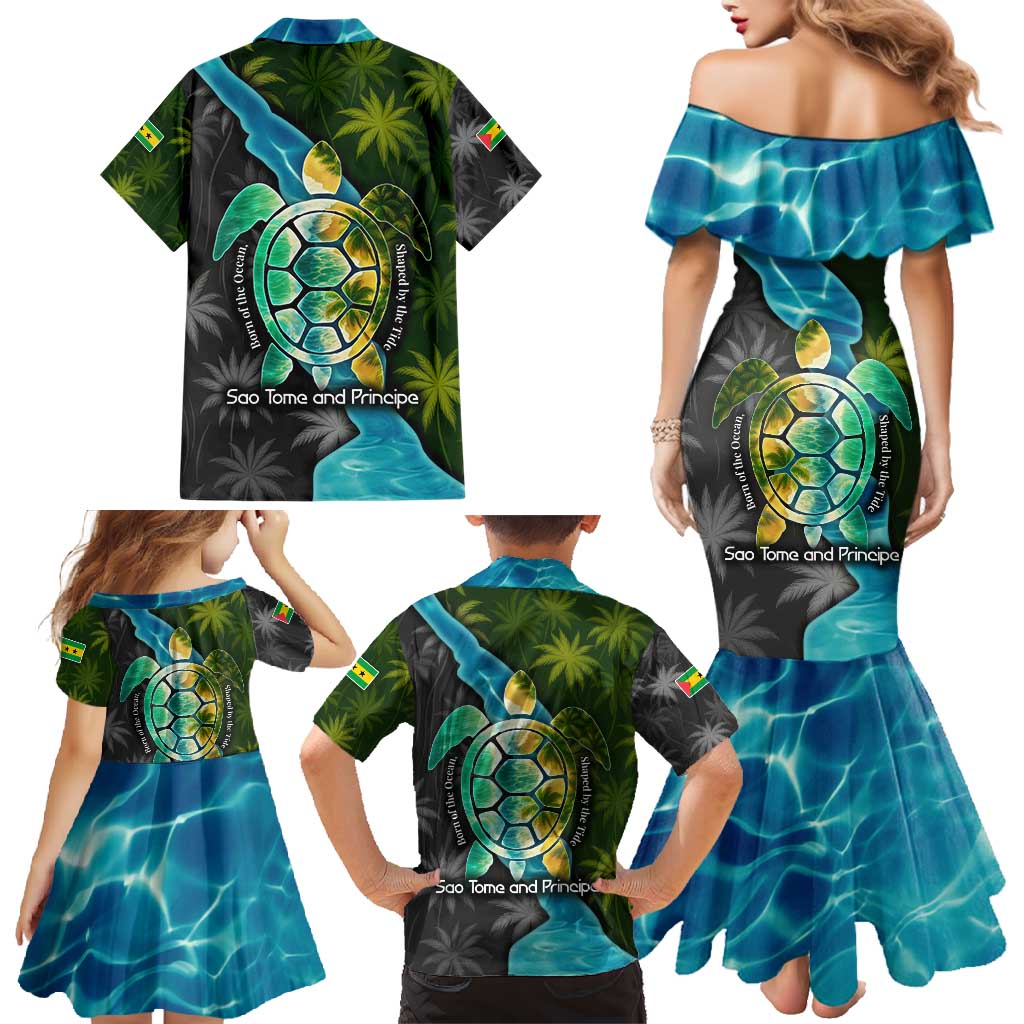 Sea Turtle Sao Tome and Principe Family Matching Mermaid Dress and Hawaiian Shirt with Ocean Tide and Tropical Palm Design