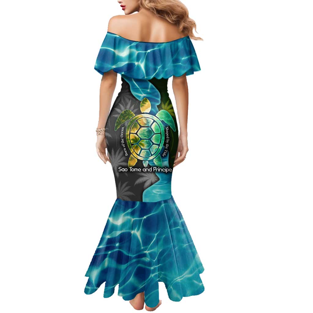 Sea Turtle Sao Tome and Principe Family Matching Mermaid Dress and Hawaiian Shirt with Ocean Tide and Tropical Palm Design