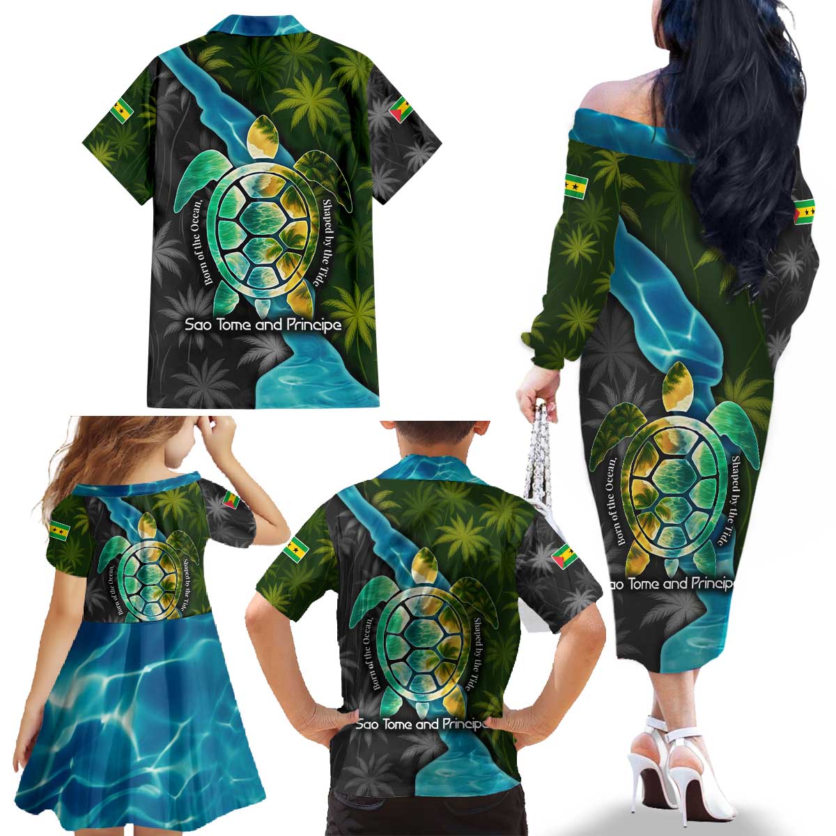 Sea Turtle Sao Tome and Principe Family Matching Off The Shoulder Long Sleeve Dress and Hawaiian Shirt with Ocean Tide and Tropical Palm Design