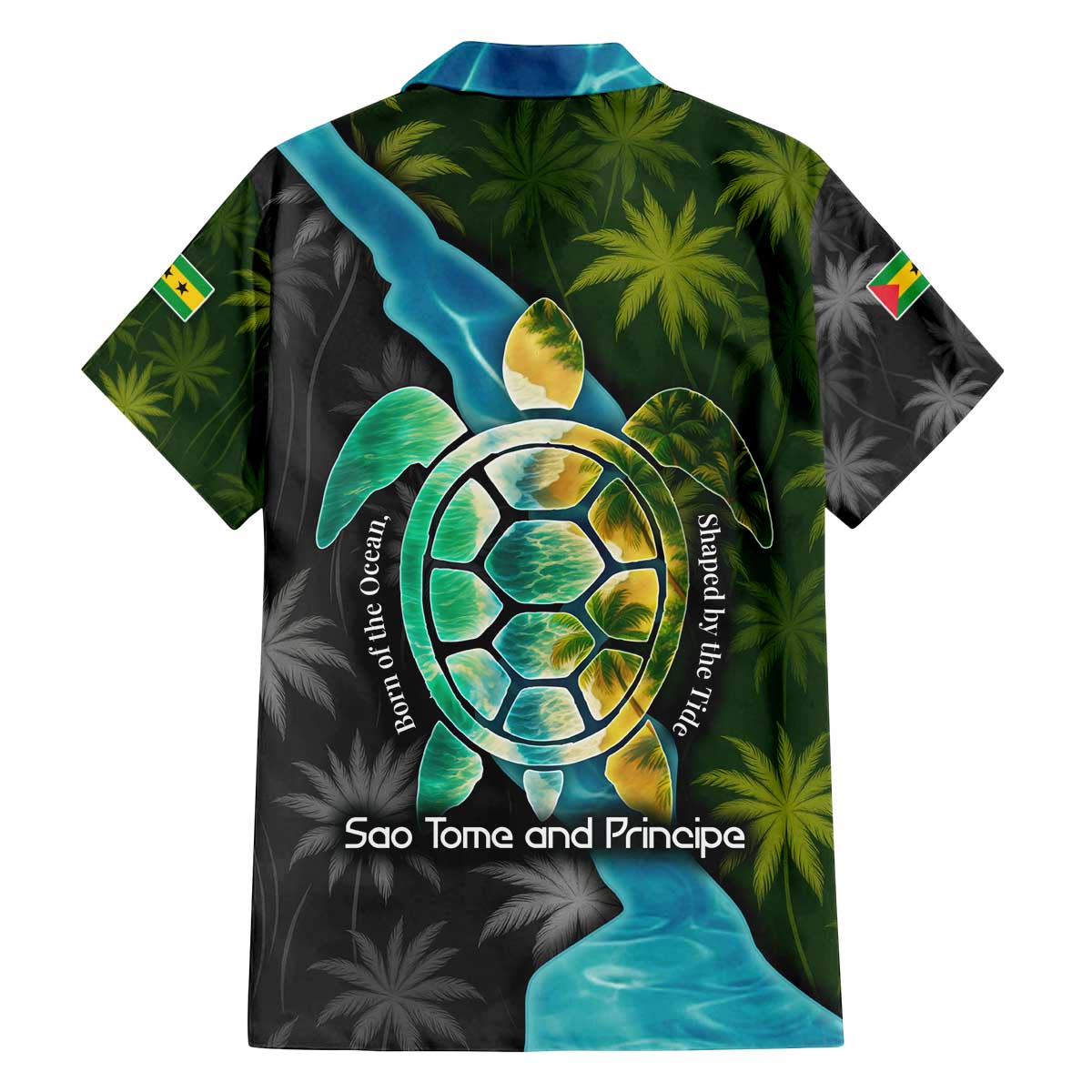 Sea Turtle Sao Tome and Principe Family Matching Off The Shoulder Long Sleeve Dress and Hawaiian Shirt with Ocean Tide and Tropical Palm Design