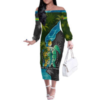 Sea Turtle Sao Tome and Principe Family Matching Off The Shoulder Long Sleeve Dress and Hawaiian Shirt with Ocean Tide and Tropical Palm Design