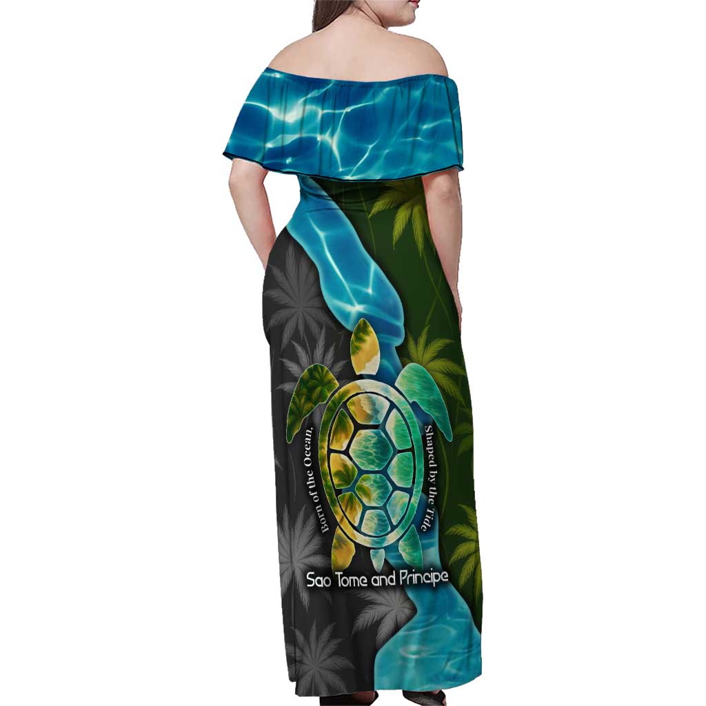 Sea Turtle Sao Tome and Principe Family Matching Off Shoulder Maxi Dress and Hawaiian Shirt with Ocean Tide and Tropical Palm Design