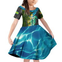 Sea Turtle Sao Tome and Principe Family Matching Off Shoulder Short Dress and Hawaiian Shirt with Ocean Tide and Tropical Palm Design