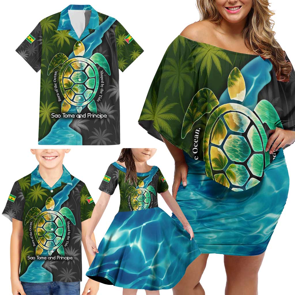 Sea Turtle Sao Tome and Principe Family Matching Off Shoulder Short Dress and Hawaiian Shirt with Ocean Tide and Tropical Palm Design
