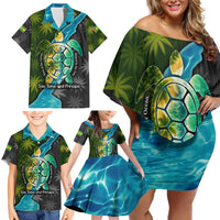 Sea Turtle Sao Tome and Principe Family Matching Off Shoulder Short Dress and Hawaiian Shirt with Ocean Tide and Tropical Palm Design