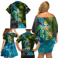 Sea Turtle Sao Tome and Principe Family Matching Off Shoulder Short Dress and Hawaiian Shirt with Ocean Tide and Tropical Palm Design