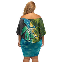 Sea Turtle Sao Tome and Principe Family Matching Off Shoulder Short Dress and Hawaiian Shirt with Ocean Tide and Tropical Palm Design