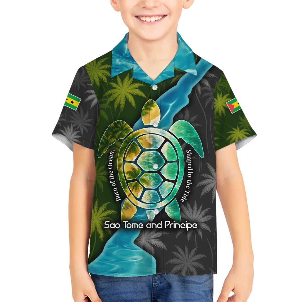 Sea Turtle Sao Tome and Principe Family Matching Off Shoulder Short Dress and Hawaiian Shirt with Ocean Tide and Tropical Palm Design
