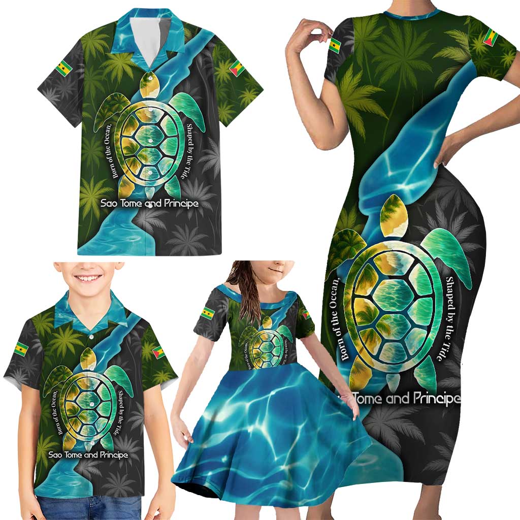 Sea Turtle Sao Tome and Principe Family Matching Short Sleeve Bodycon Dress and Hawaiian Shirt with Ocean Tide and Tropical Palm Design
