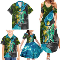 Sea Turtle Sao Tome and Principe Family Matching Summer Maxi Dress and Hawaiian Shirt with Ocean Tide and Tropical Palm Design