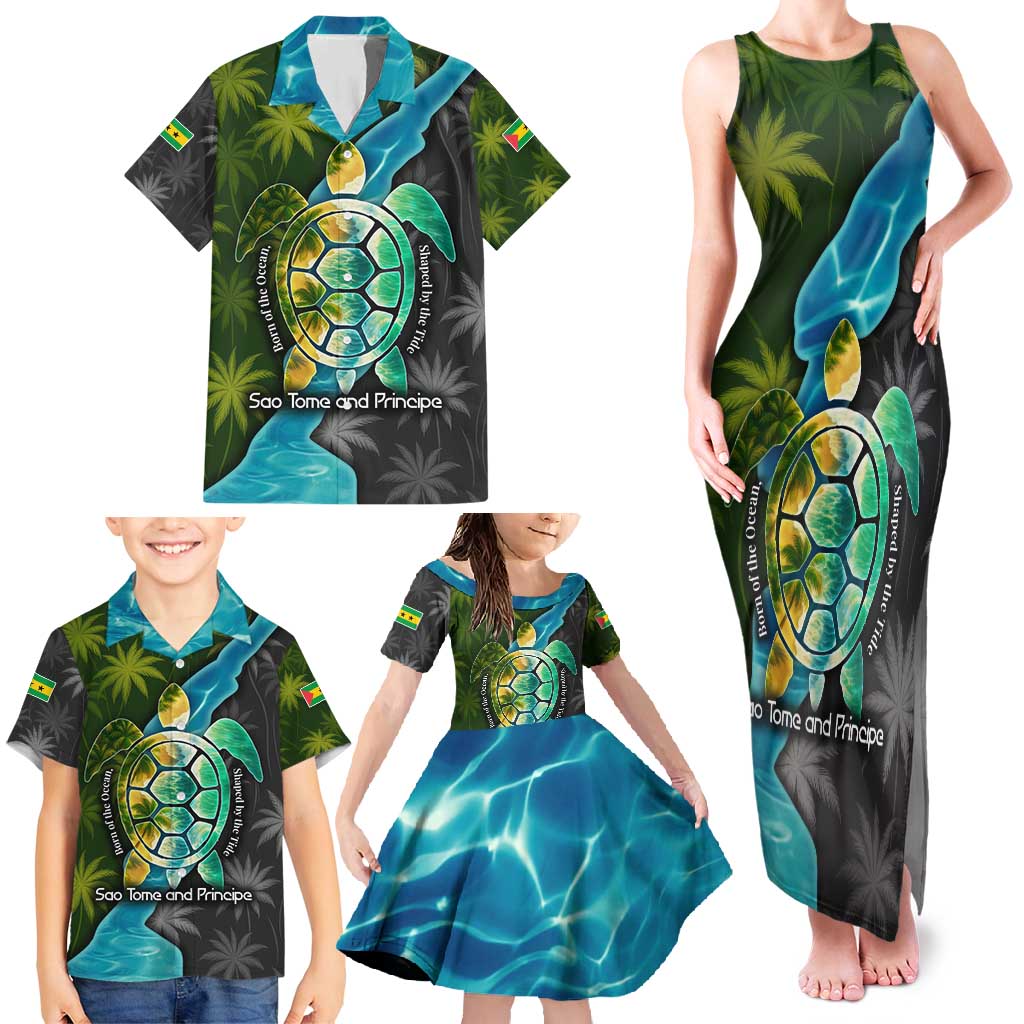 Sea Turtle Sao Tome and Principe Family Matching Tank Maxi Dress and Hawaiian Shirt with Ocean Tide and Tropical Palm Design