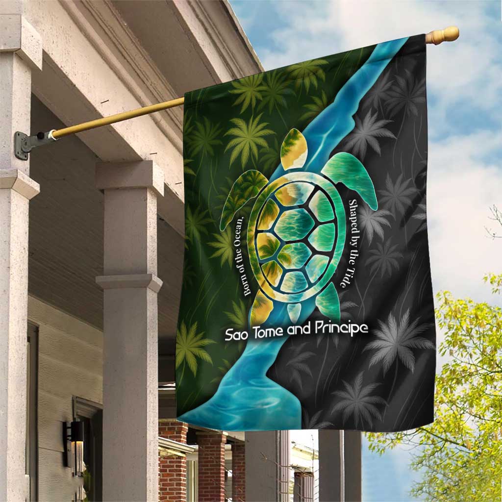 Sea Turtle Sao Tome and Principe Garden Flag with Ocean Tide and Tropical Palm Design