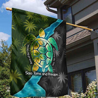 Sea Turtle Sao Tome and Principe Garden Flag with Ocean Tide and Tropical Palm Design