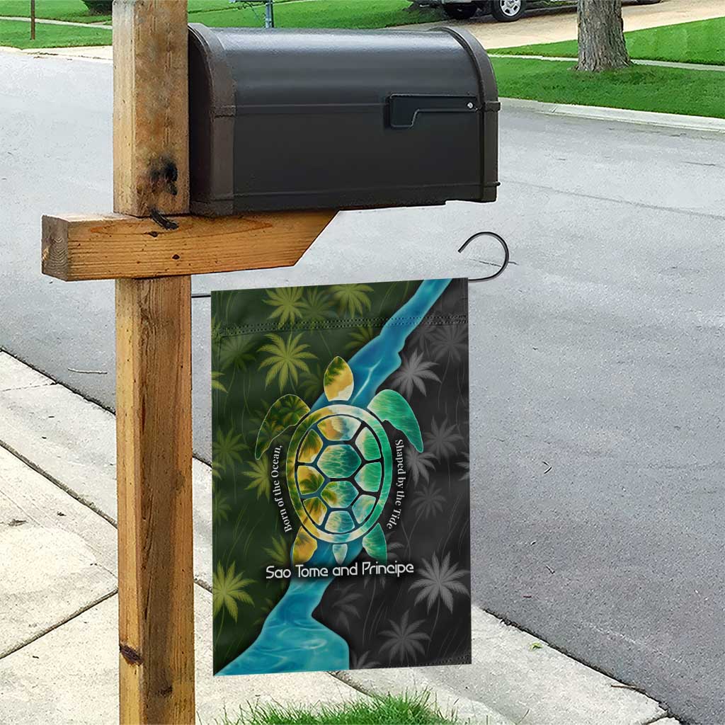 Sea Turtle Sao Tome and Principe Garden Flag with Ocean Tide and Tropical Palm Design