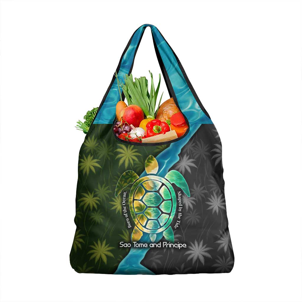 Sea Turtle Sao Tome and Principe Grocery Bag with Ocean Tide and Tropical Palm Design