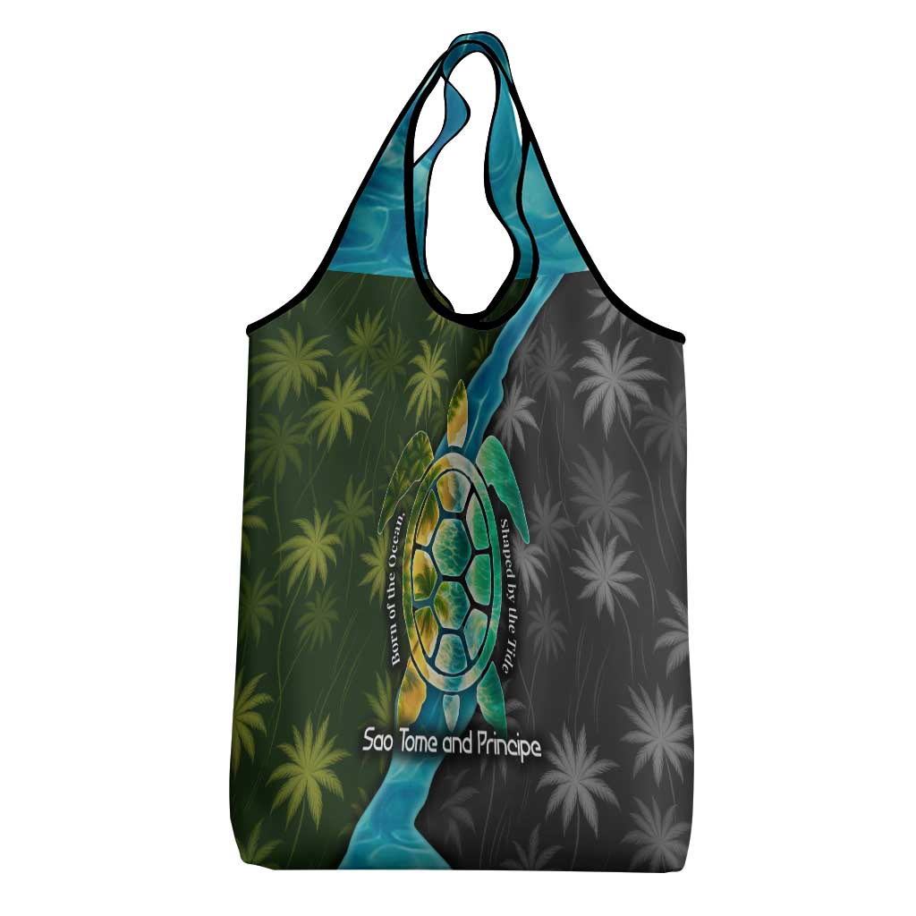 Sea Turtle Sao Tome and Principe Grocery Bag with Ocean Tide and Tropical Palm Design